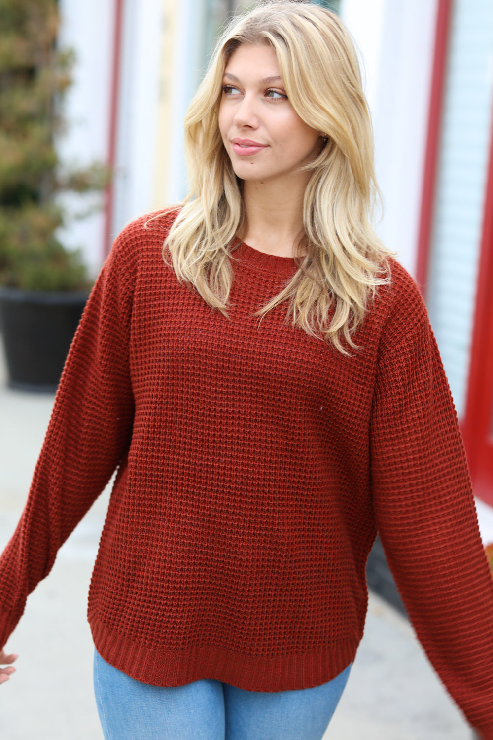 All Put Together Waffle Knit Hi-Low Sweater • Dark Rust