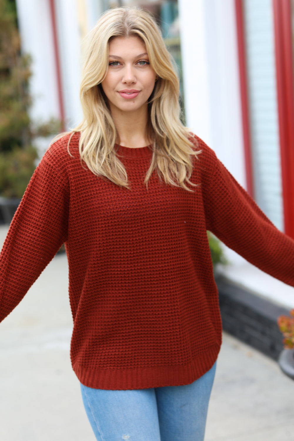 All Put Together Waffle Knit Hi-Low Sweater • Dark Rust