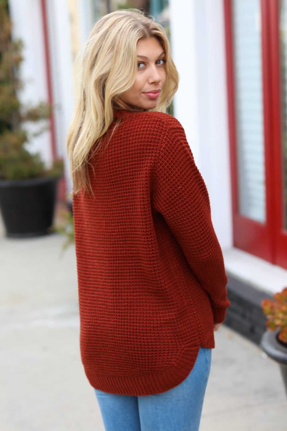 All Put Together Waffle Knit Hi-Low Sweater • Dark Rust