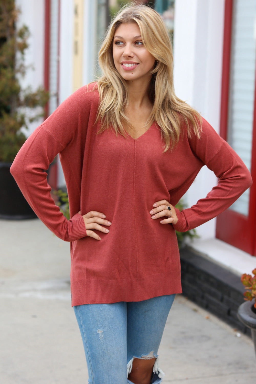 Hello Beautiful V Neck Sweater • Rust
