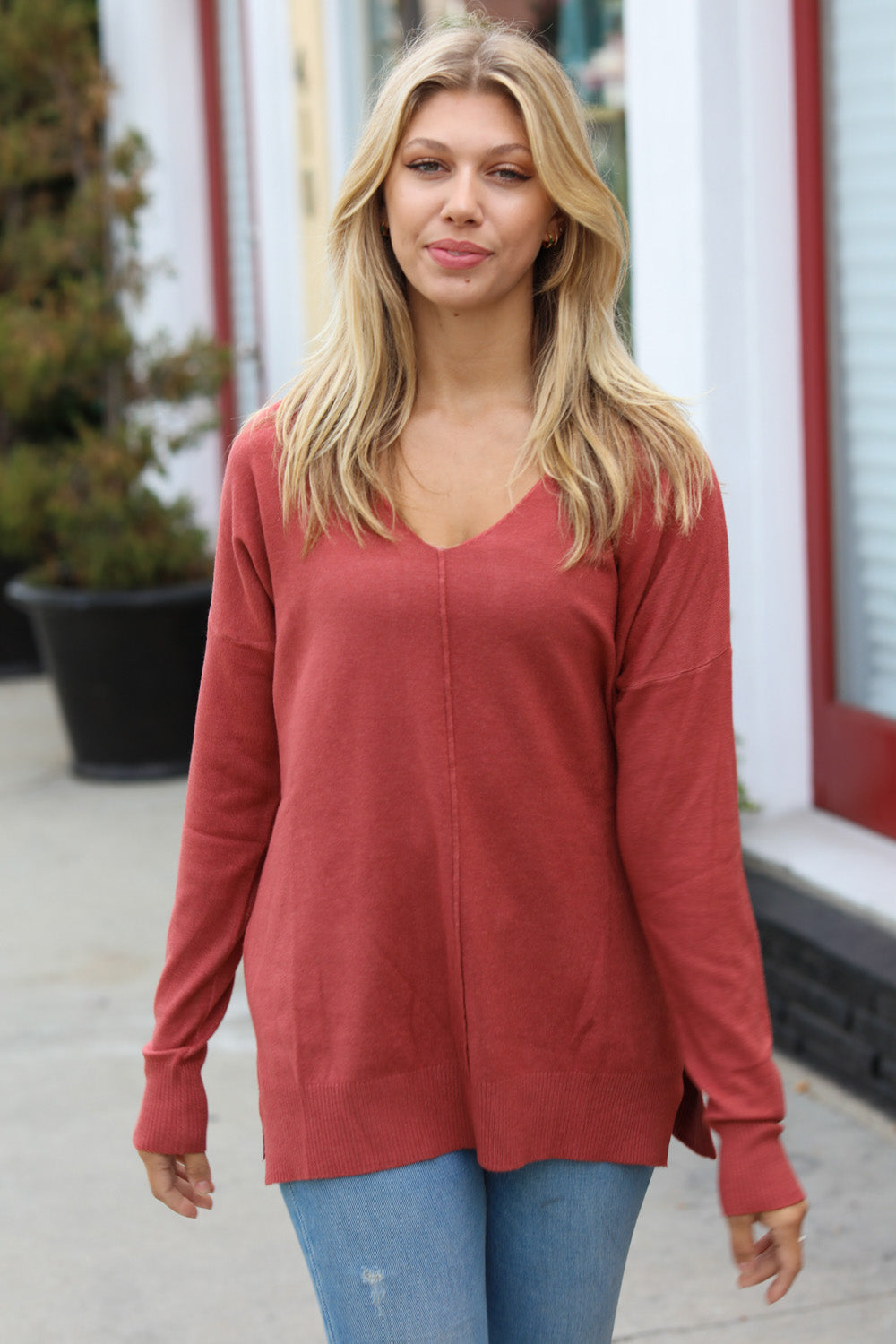 Hello Beautiful V Neck Sweater • Rust