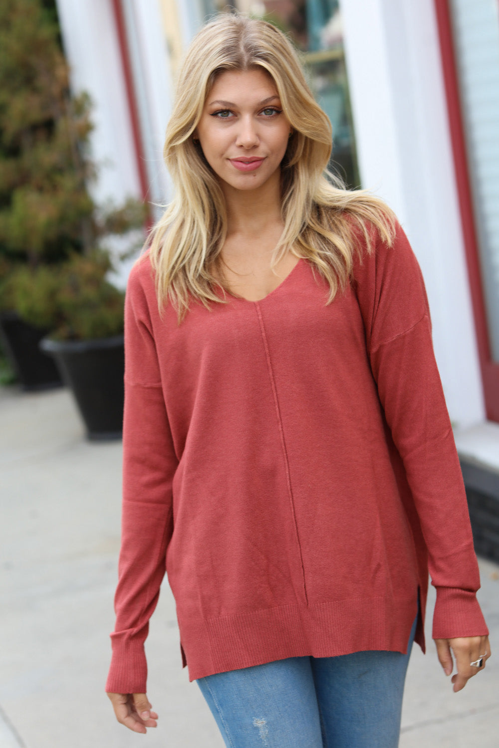 Hello Beautiful V Neck Sweater • Rust