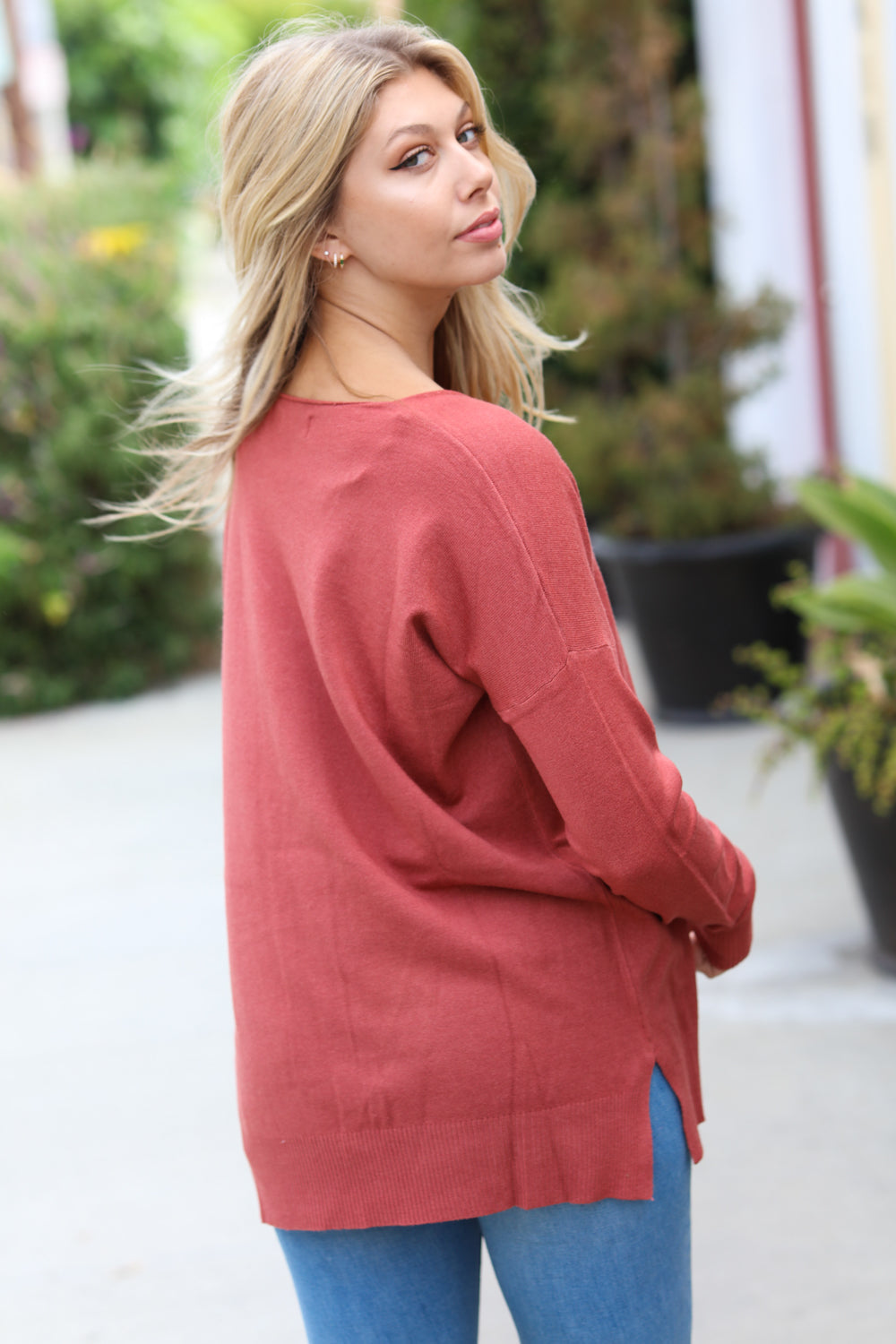 Hello Beautiful V Neck Sweater • Rust