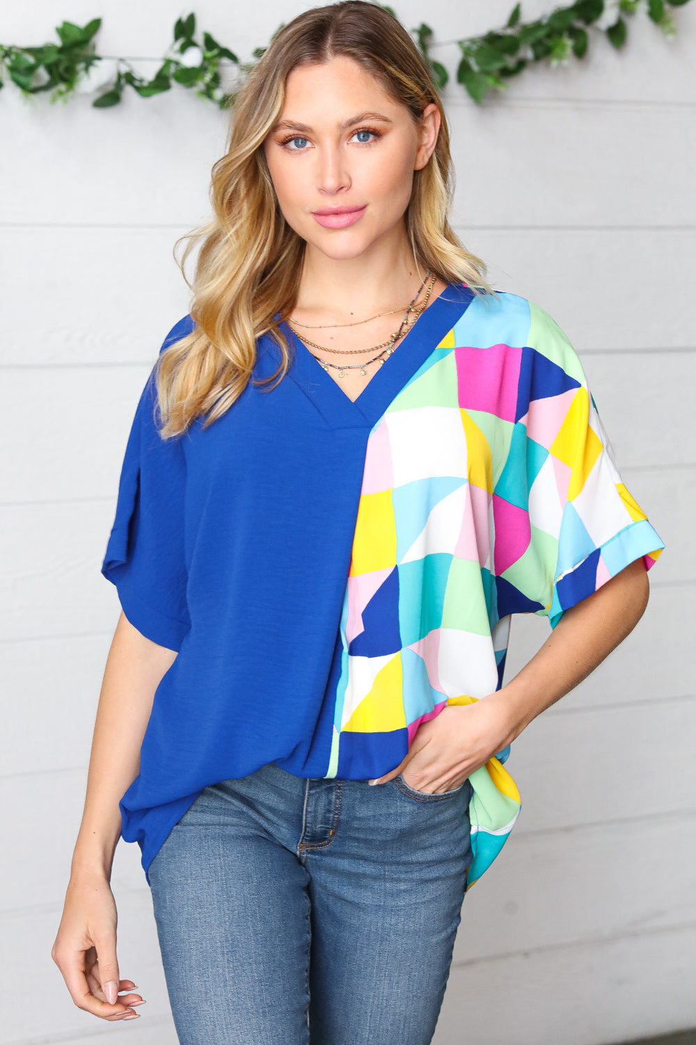 To The Sky Geometric Print Dolman Top
