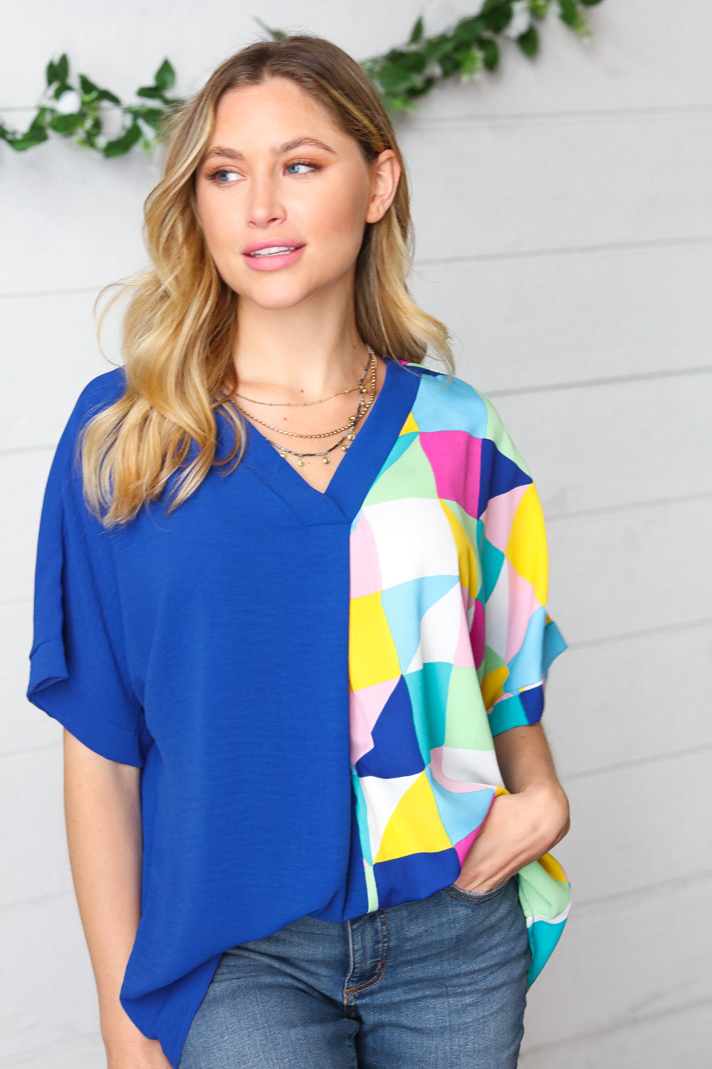 To The Sky Geometric Print Dolman Top