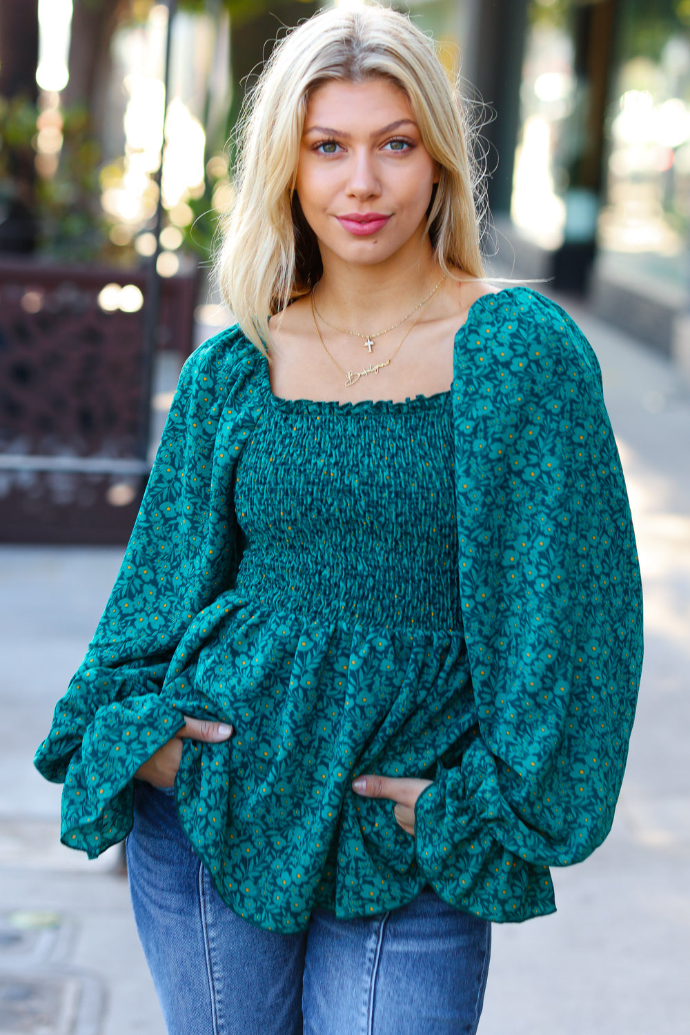 Always With You Smocked Ditzy Floral Ruffle Top • Teal
