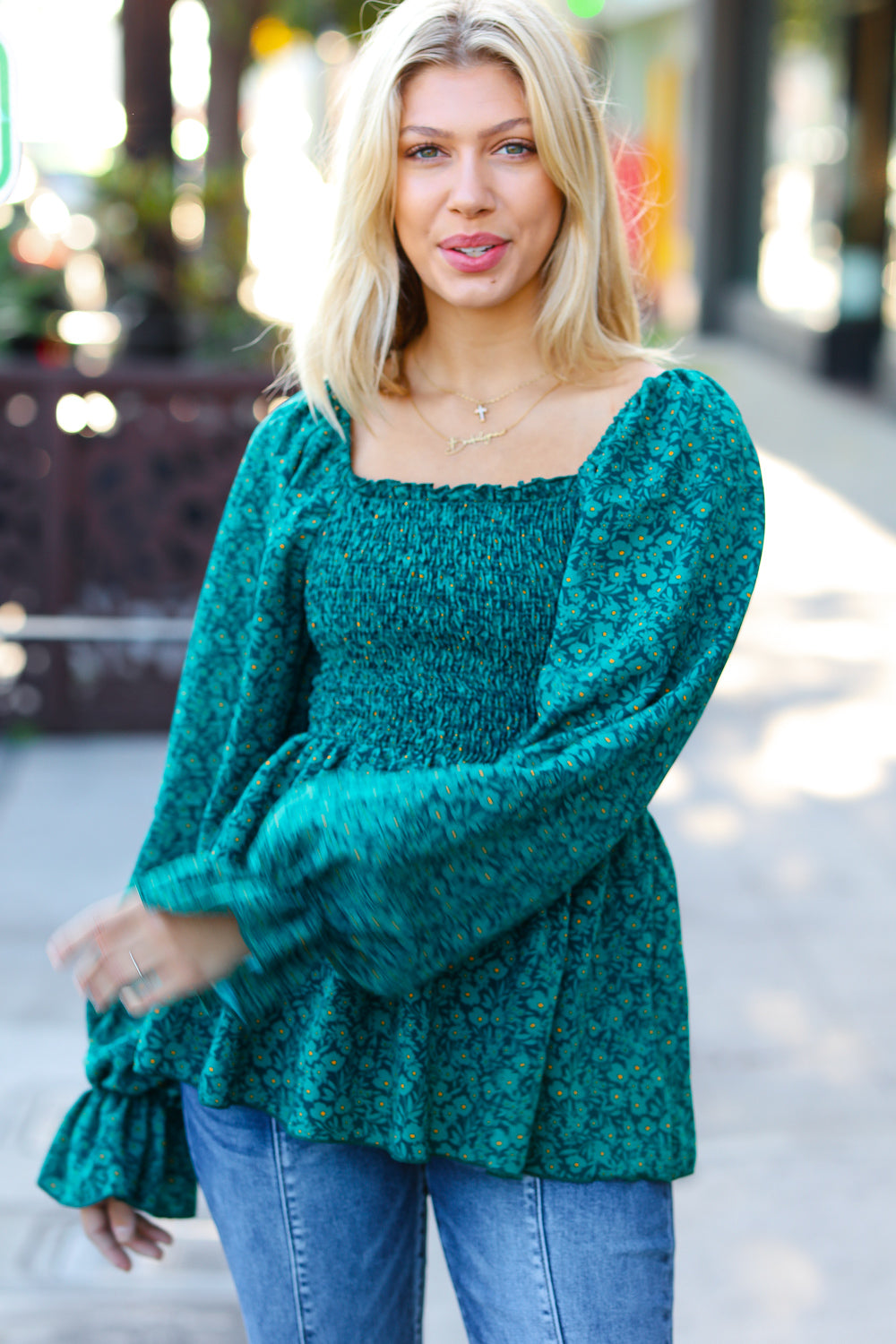 Always With You Smocked Ditzy Floral Ruffle Top • Teal