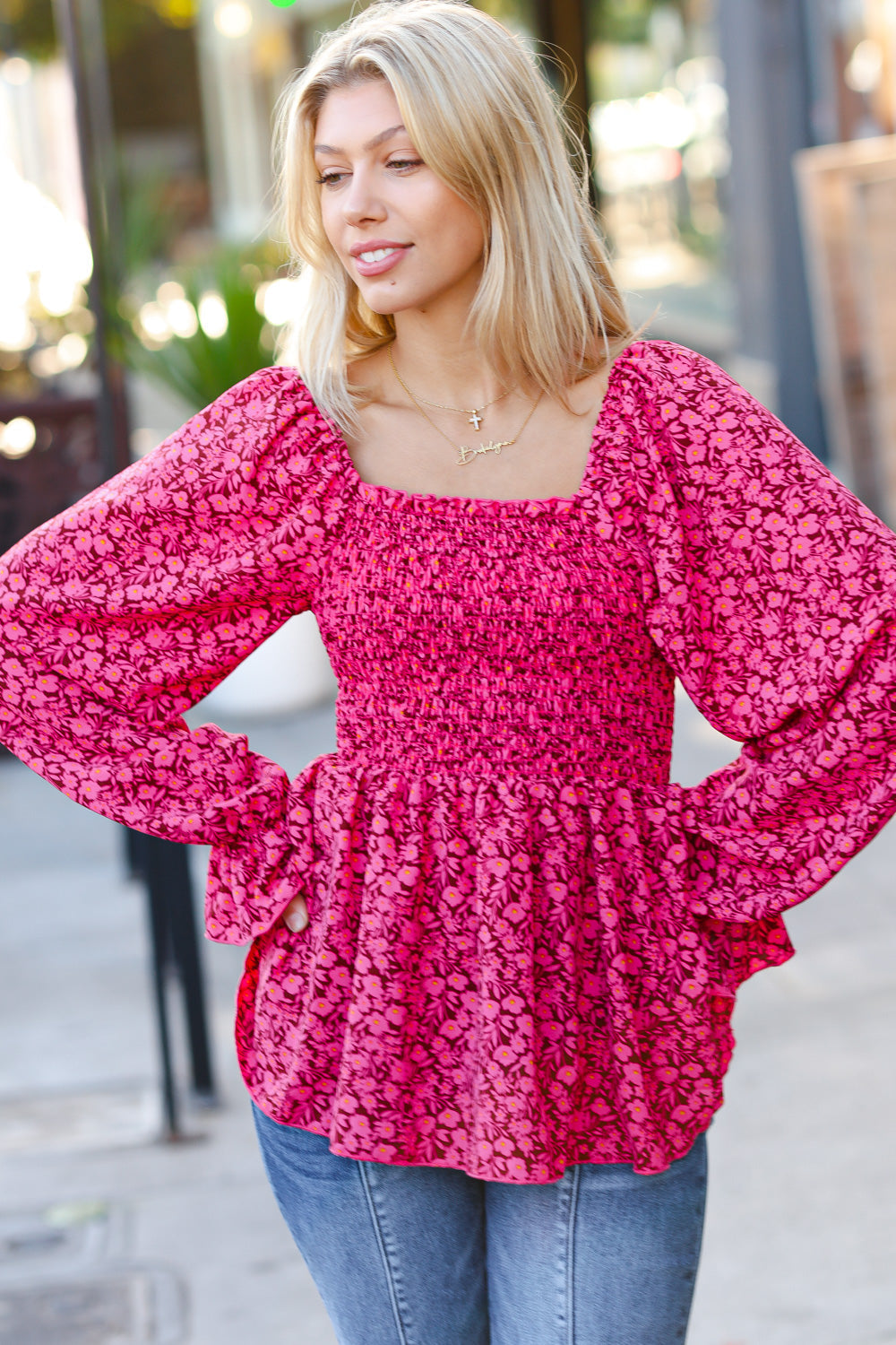 Always With You Smocked Ditzy Floral Ruffle Top • Fuchsia