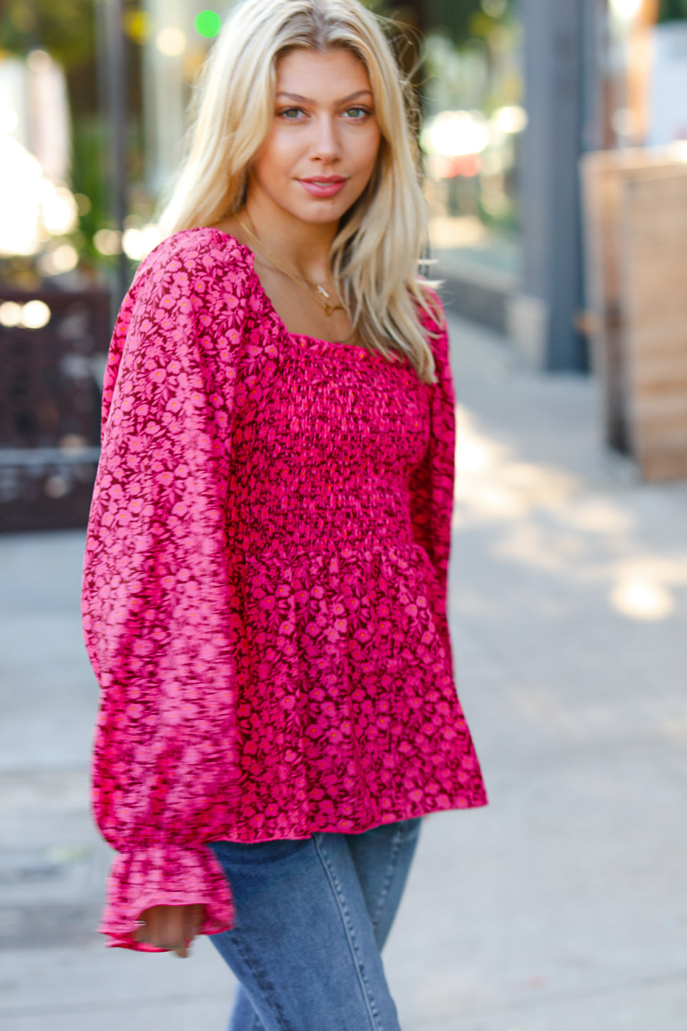 Always With You Smocked Ditzy Floral Ruffle Top • Fuchsia