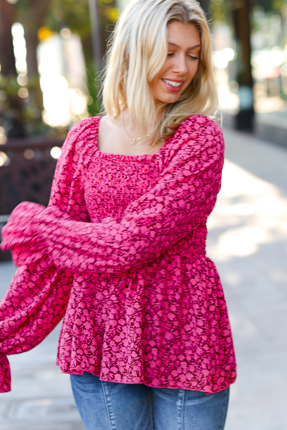 Always With You Smocked Ditzy Floral Ruffle Top • Fuchsia