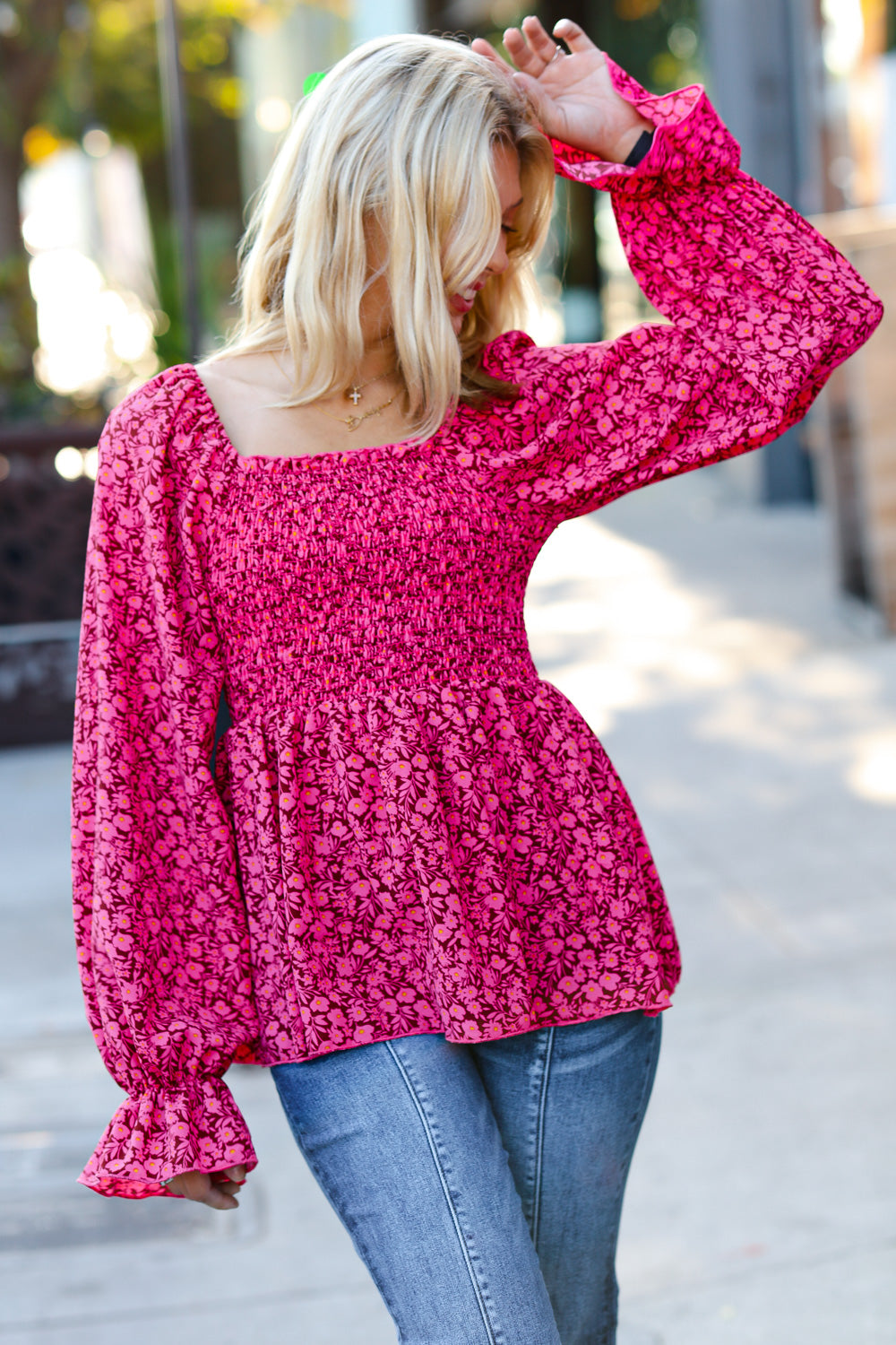 Always With You Smocked Ditzy Floral Ruffle Top • Fuchsia