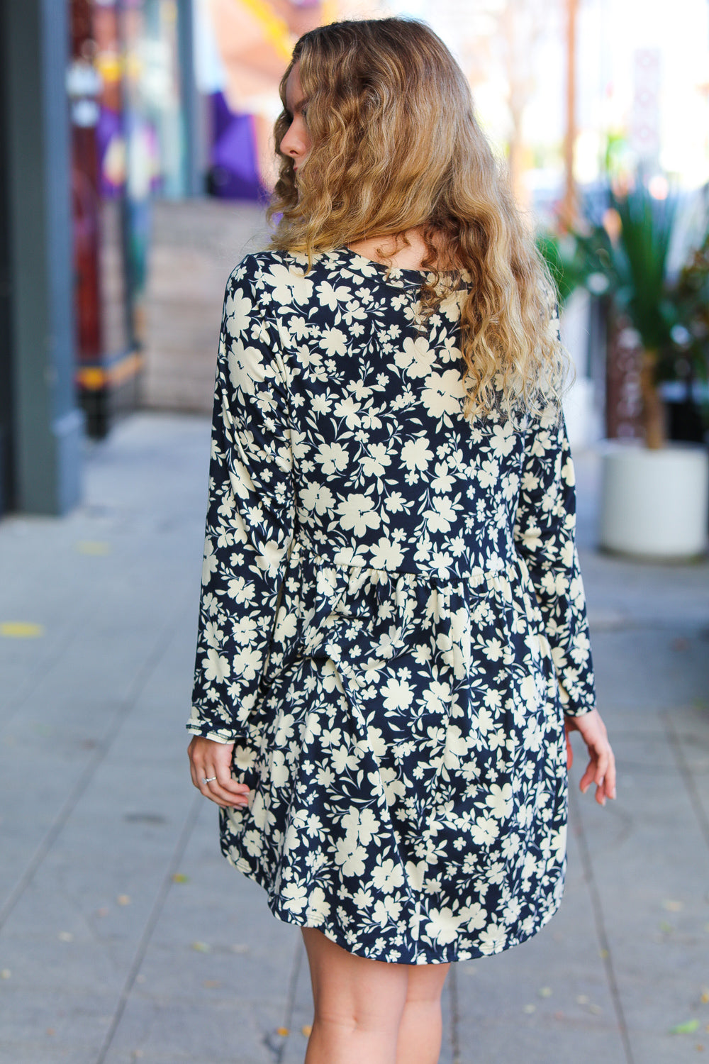 Just Be You Floral Long Sleeve Babydoll Dress • Charcoal Blue