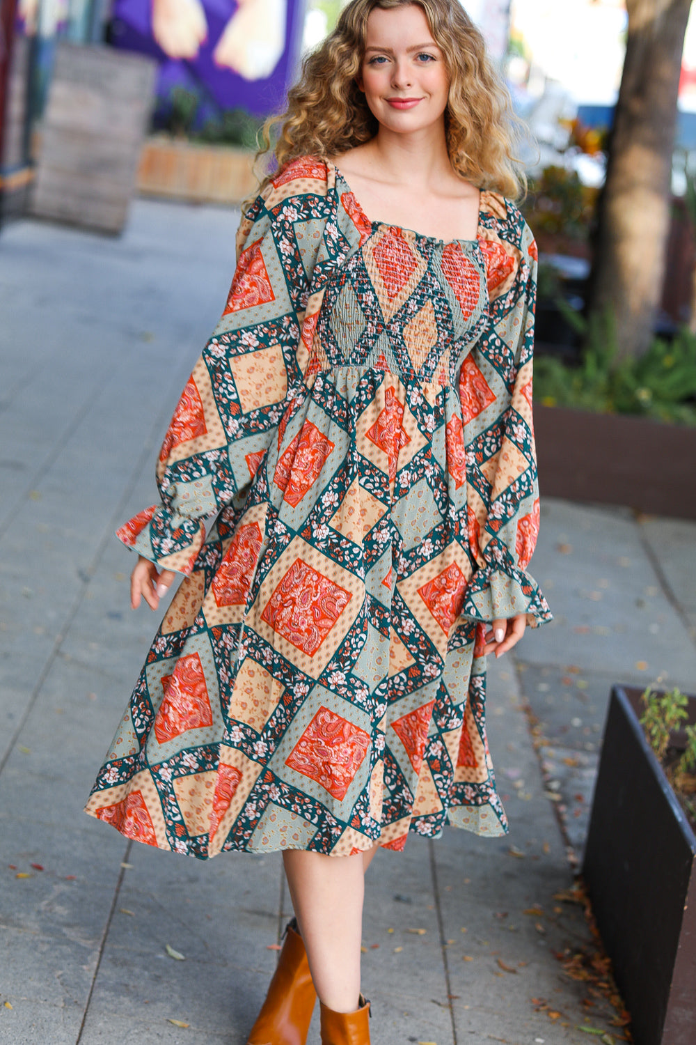 Join Me Later Boho Smocked Woven Midi Dress