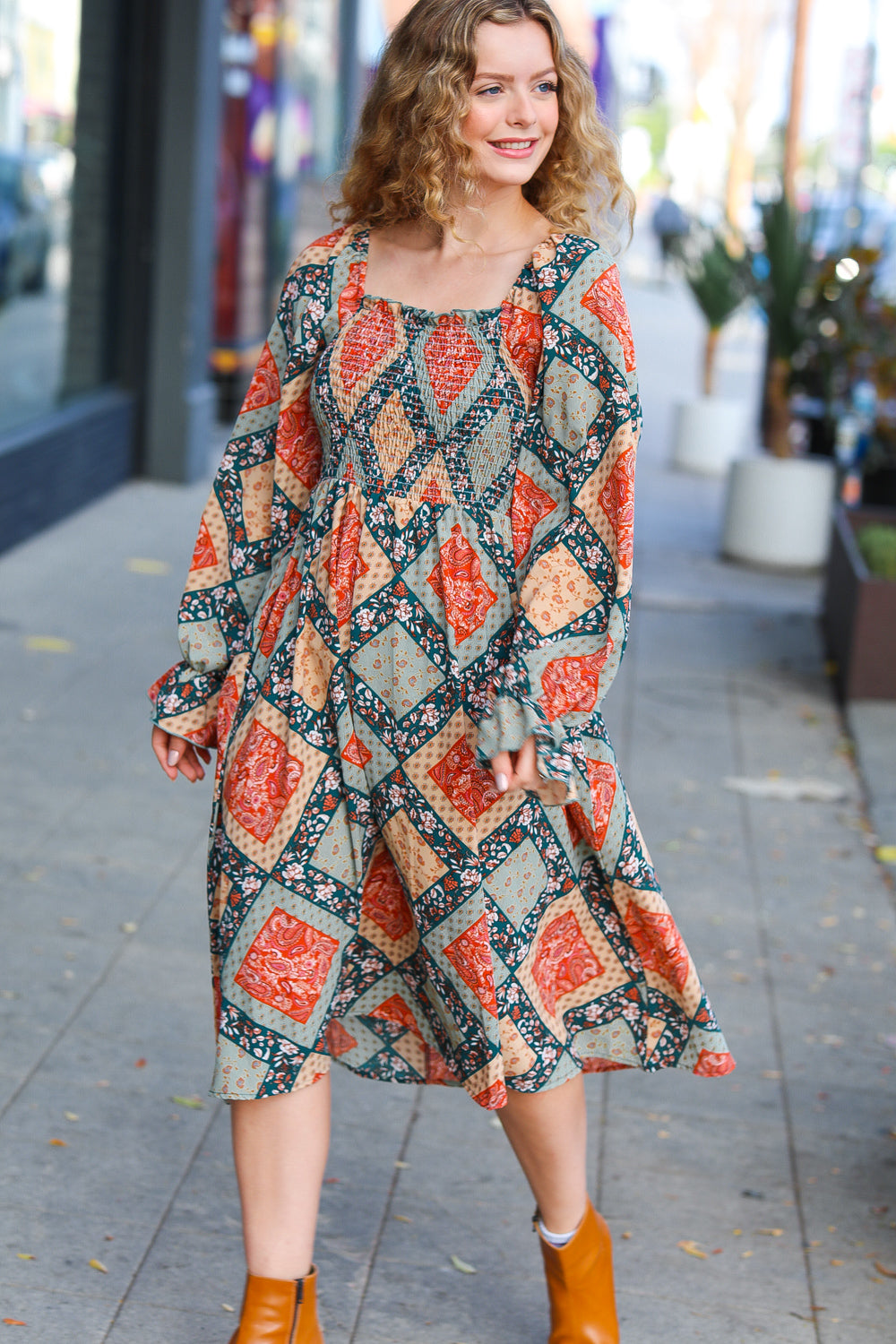 Join Me Later Boho Smocked Woven Midi Dress