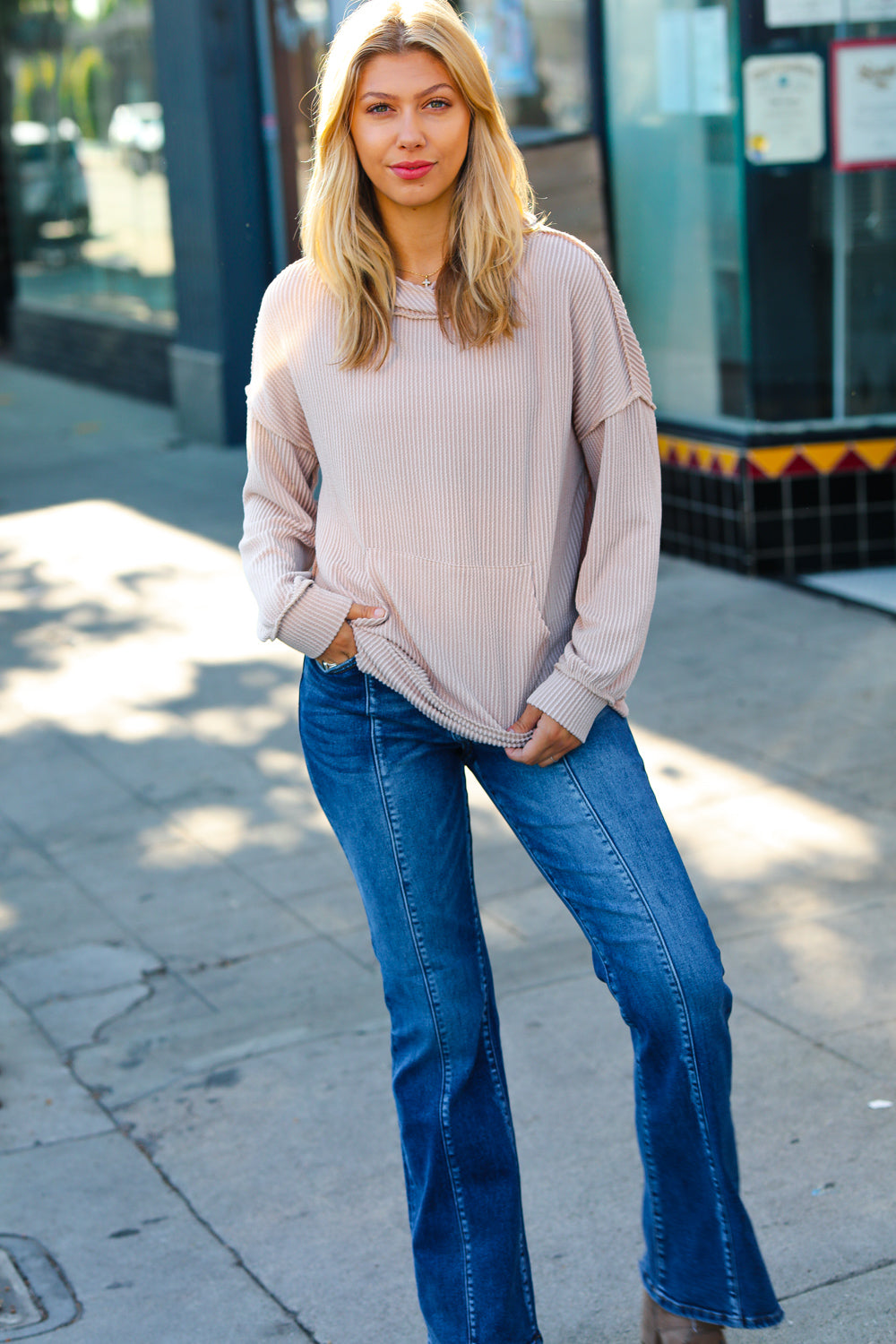 Cozy Up Mineral Wash Rib Knit Hoodie • Taupe