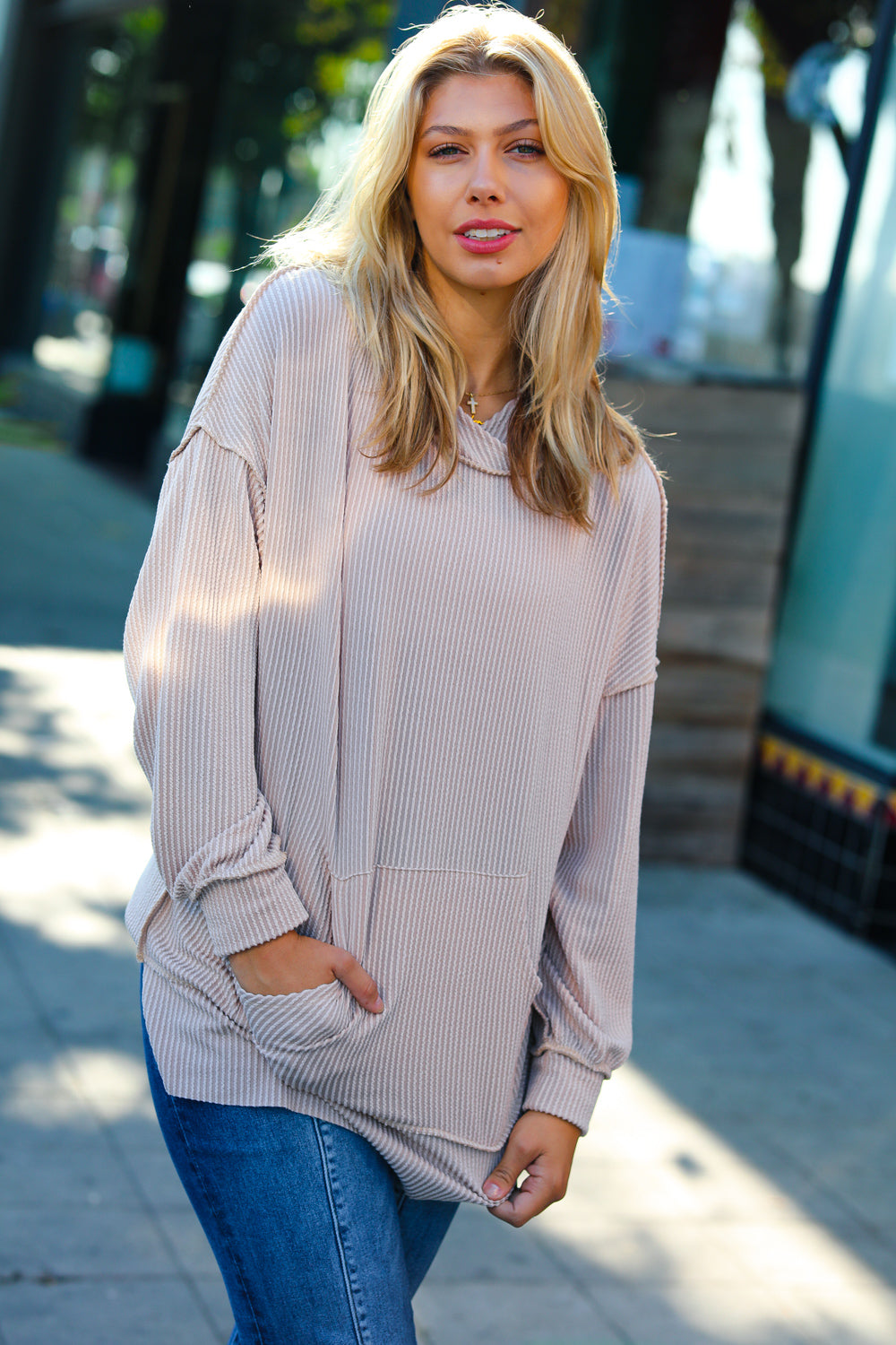 Cozy Up Mineral Wash Rib Knit Hoodie • Taupe