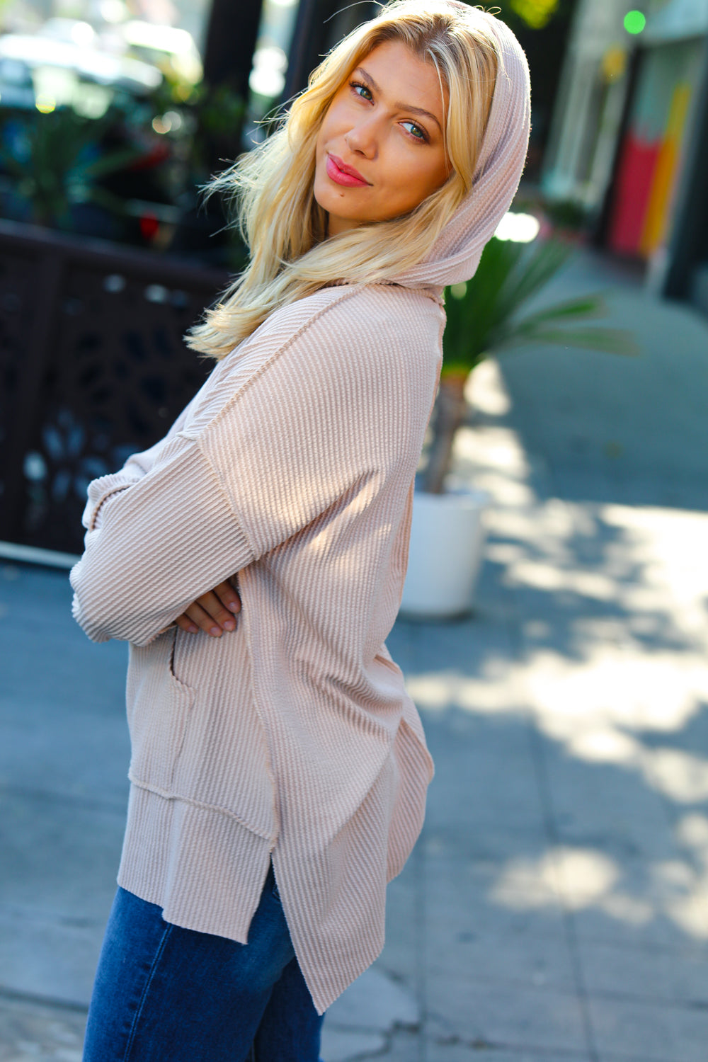 Cozy Up Mineral Wash Rib Knit Hoodie • Taupe