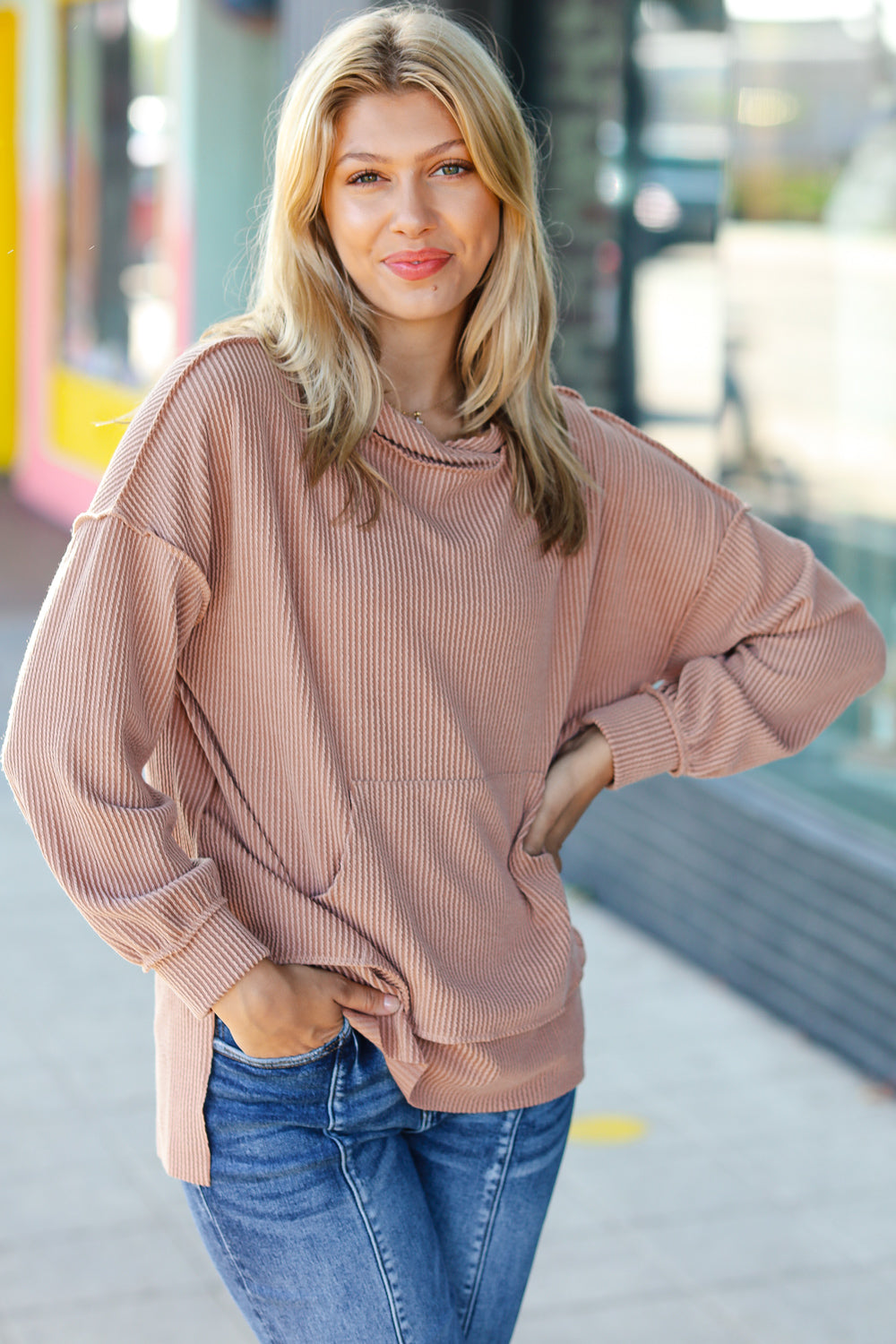 Cozy Up Mineral Wash Rib Knit Hoodie • Latte