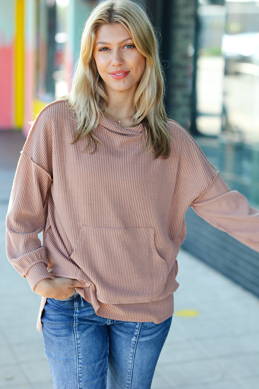 Cozy Up Mineral Wash Rib Knit Hoodie • Latte