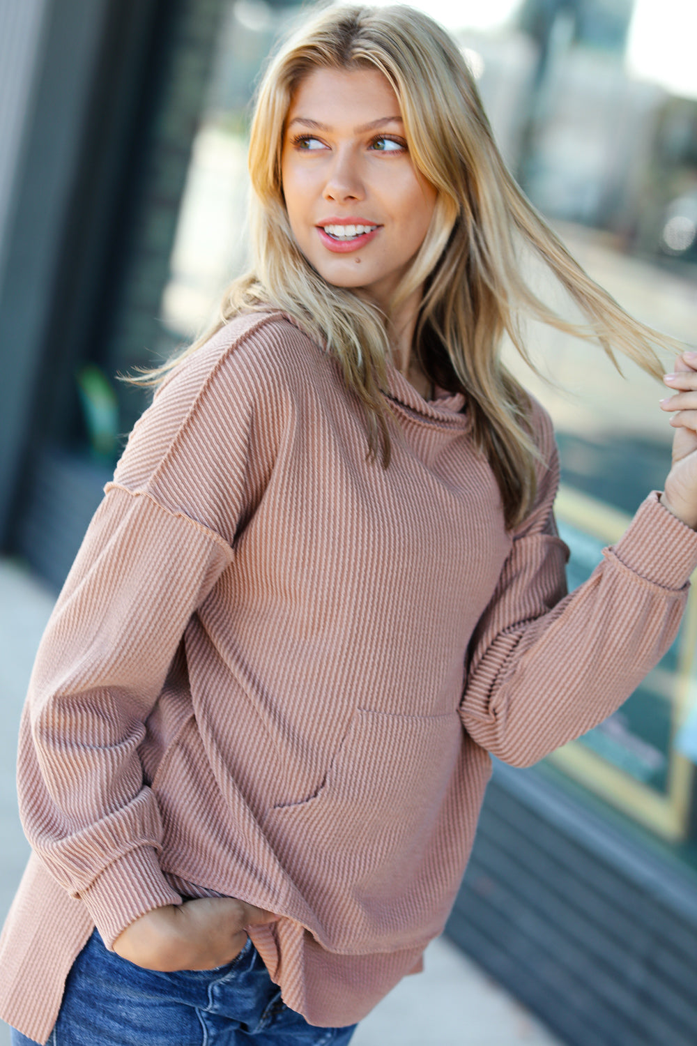 Cozy Up Mineral Wash Rib Knit Hoodie • Latte