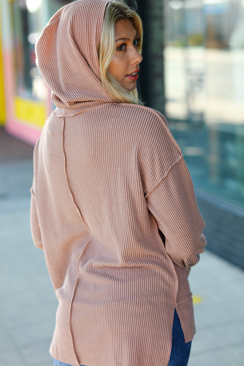 Cozy Up Mineral Wash Rib Knit Hoodie • Latte