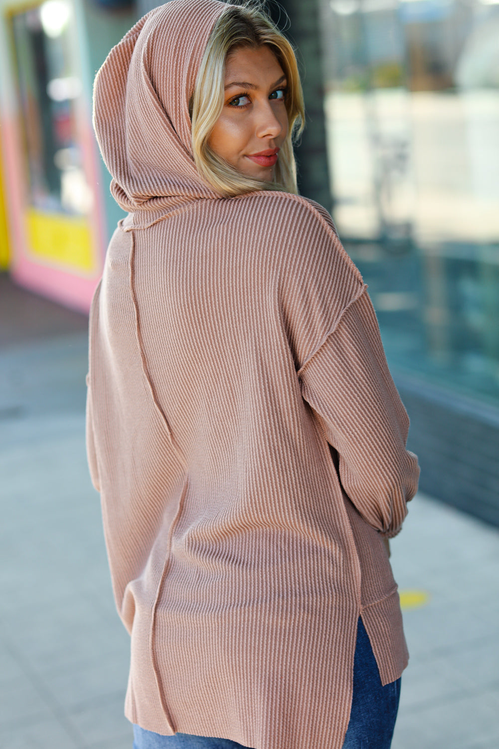 Cozy Up Mineral Wash Rib Knit Hoodie • Latte