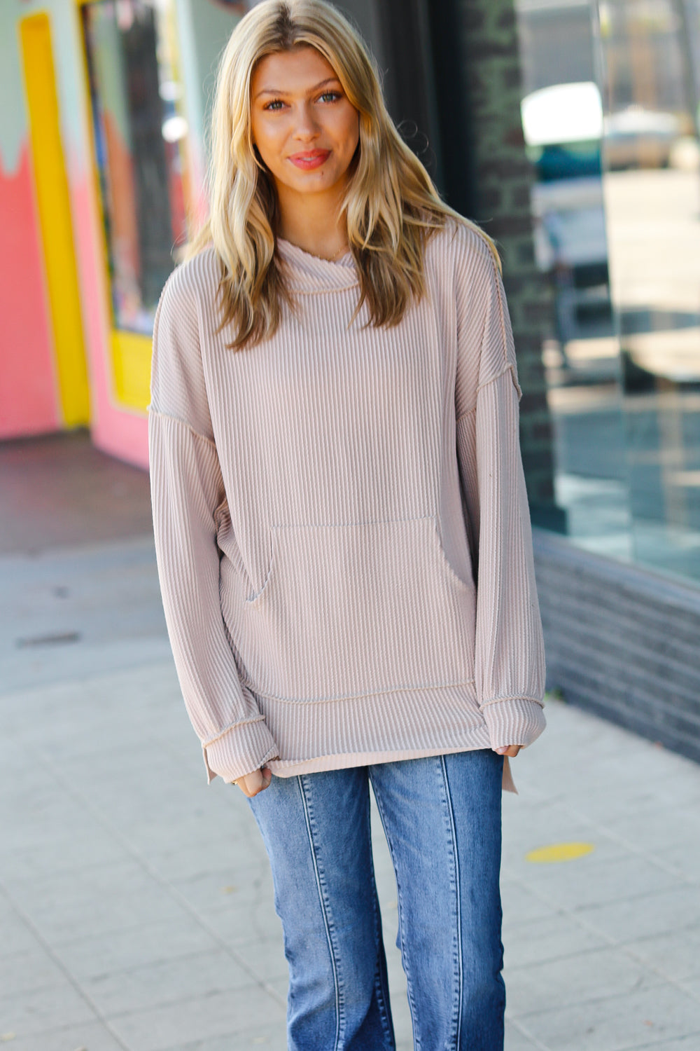 Cozy Up Mineral Wash Rib Knit Hoodie • Taupe