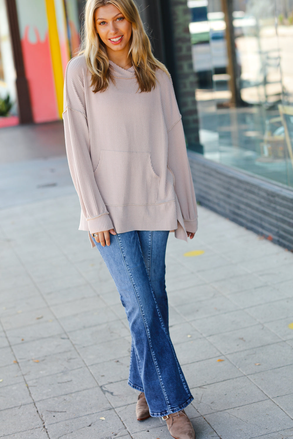Cozy Up Mineral Wash Rib Knit Hoodie • Taupe