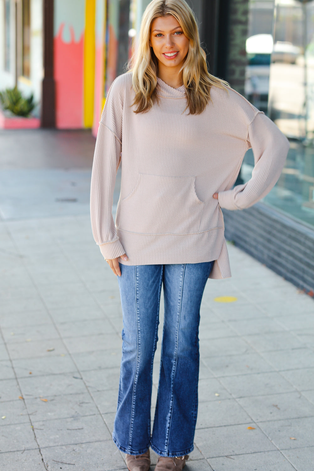 Cozy Up Mineral Wash Rib Knit Hoodie • Taupe