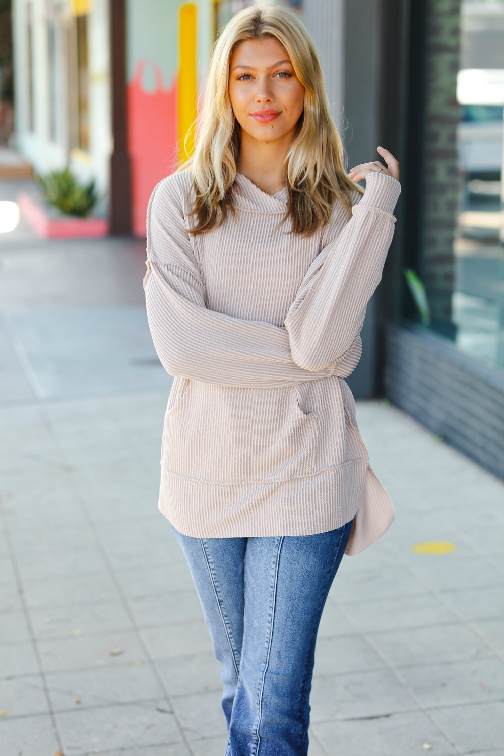 Cozy Up Mineral Wash Rib Knit Hoodie • Taupe