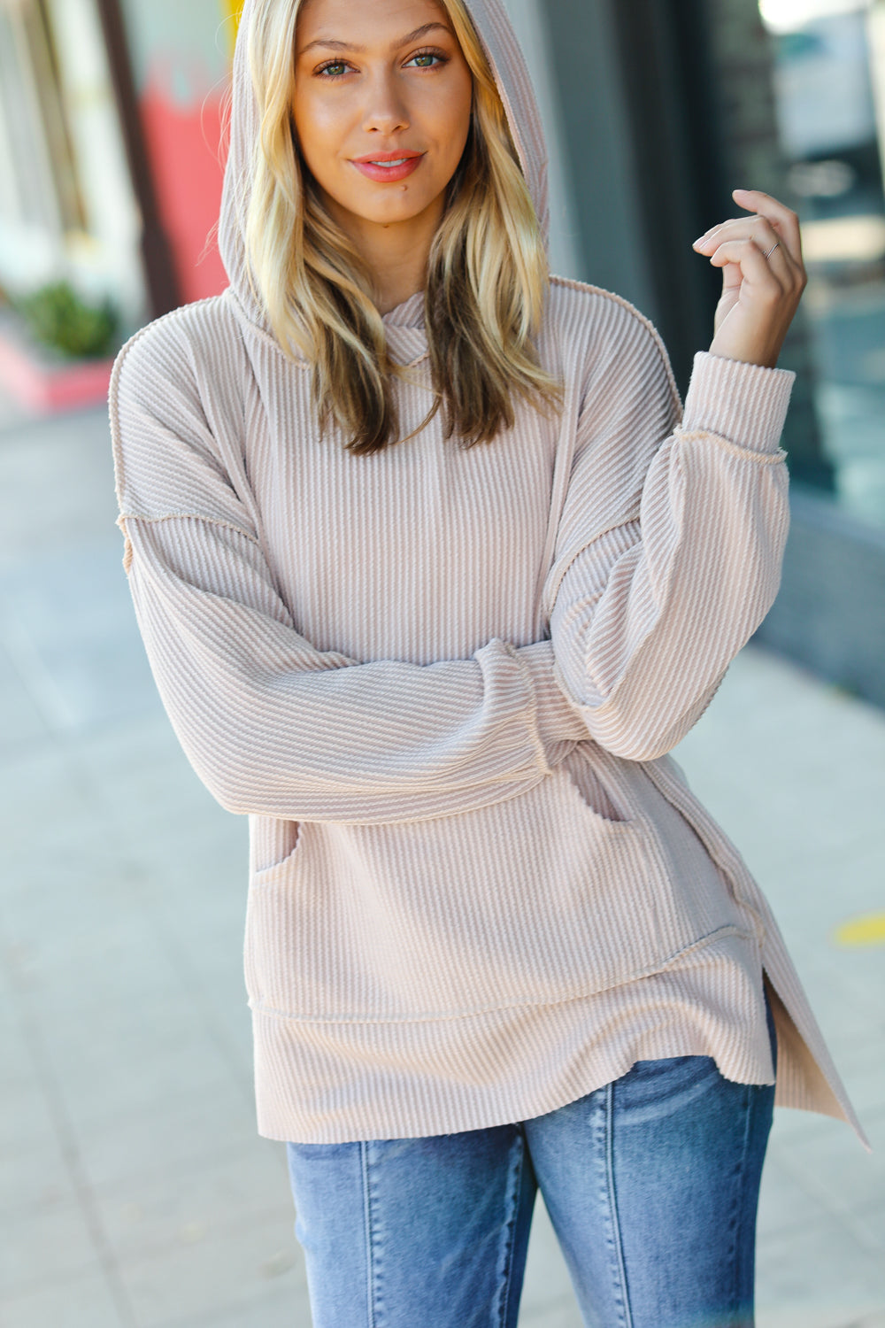Cozy Up Mineral Wash Rib Knit Hoodie • Taupe