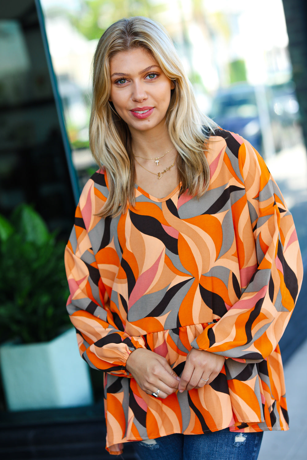 In My Thoughts Abstract V Neck Peplum Top