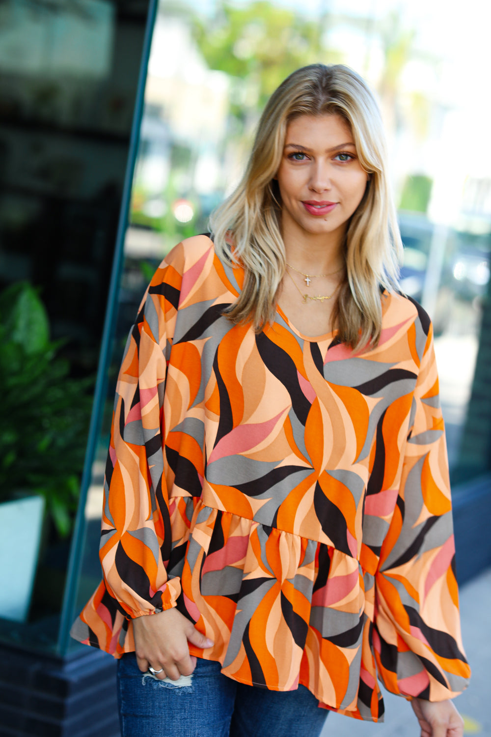 In My Thoughts Abstract V Neck Peplum Top