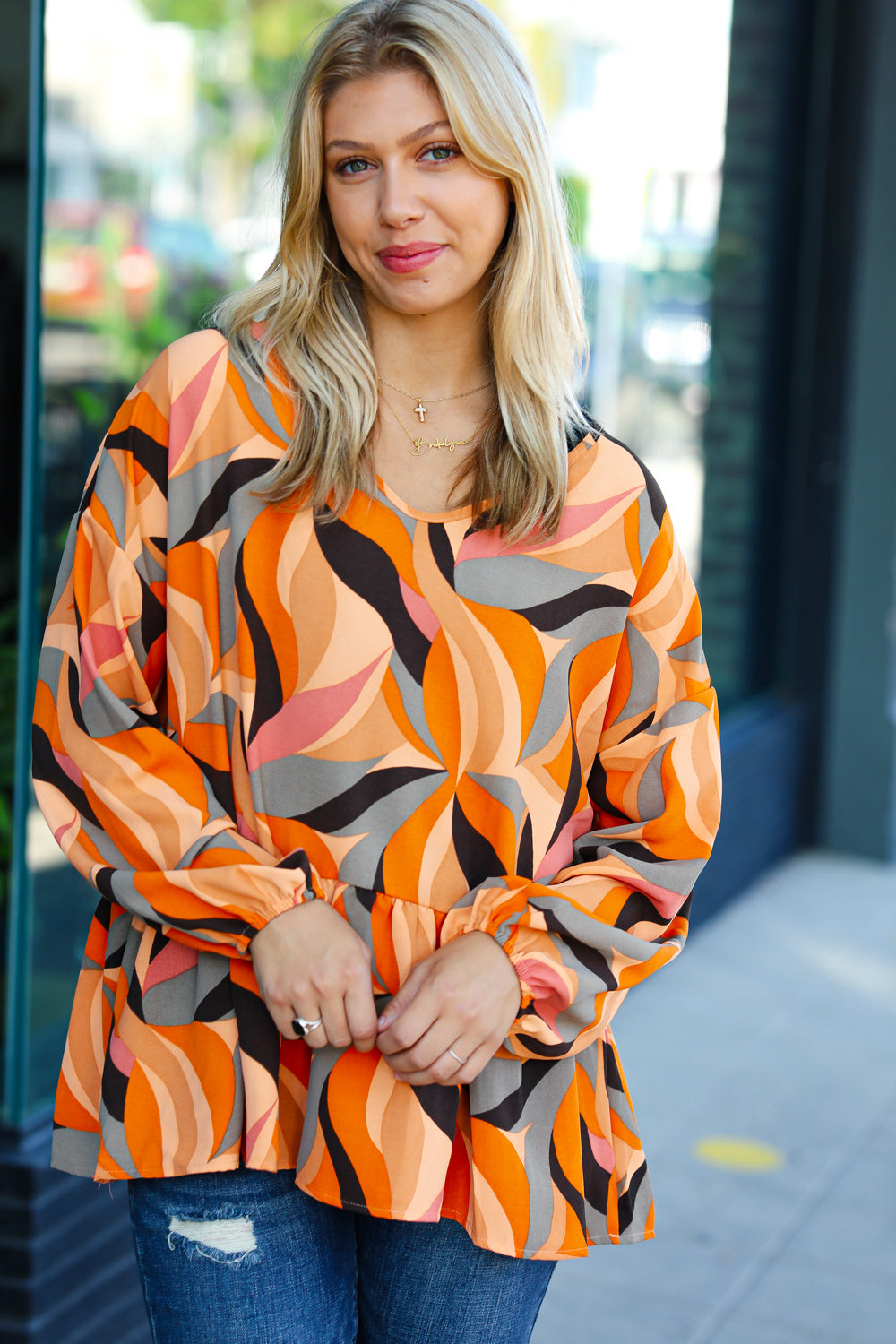 In My Thoughts Abstract V Neck Peplum Top