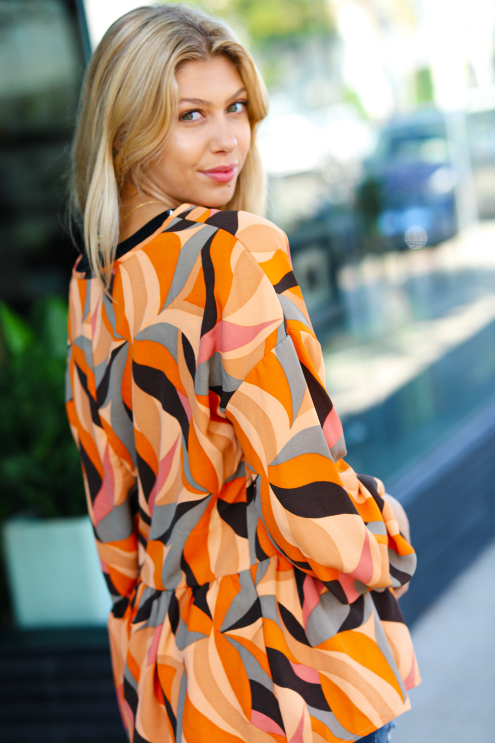 In My Thoughts Abstract V Neck Peplum Top