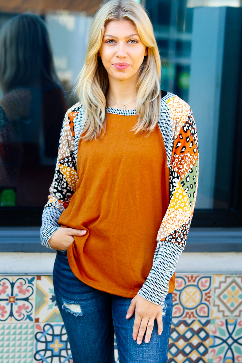 Feeling Myself Animal Print Two Tone Raglan Top