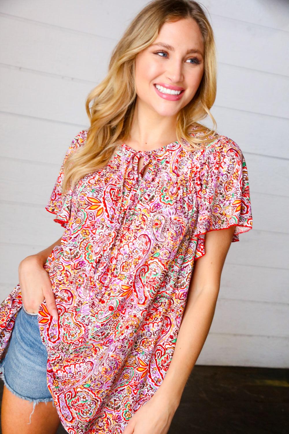 Betty Paisley Print Tie Neck Dolman Top - Atomic Wildflower
