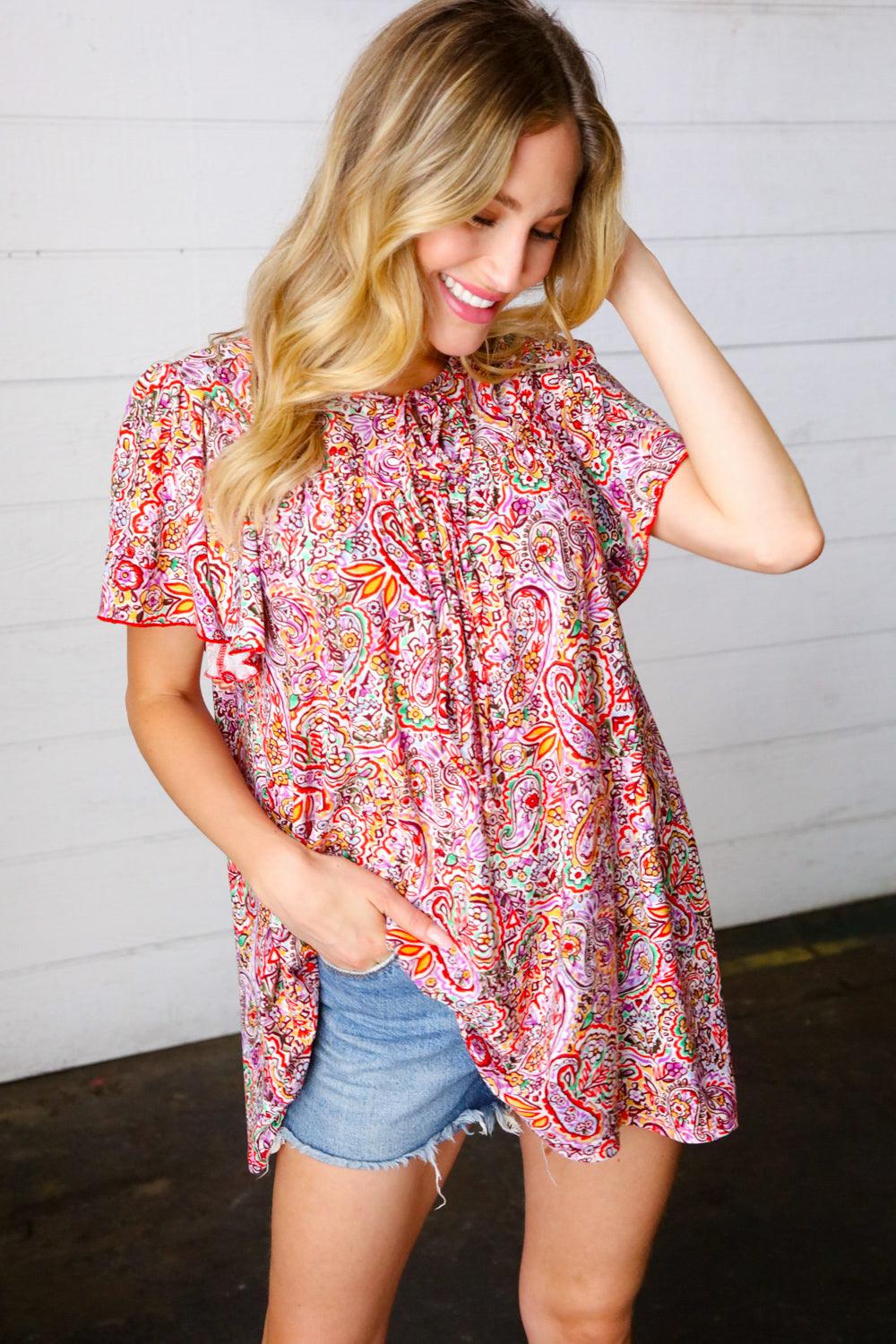 Betty Paisley Print Tie Neck Dolman Top - Atomic Wildflower