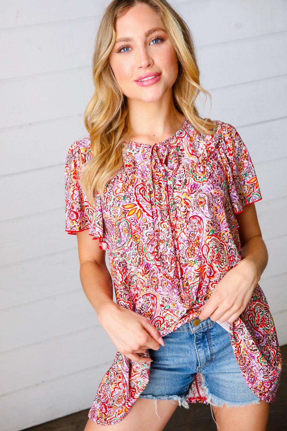 Betty Paisley Print Tie Neck Dolman Top - Atomic Wildflower