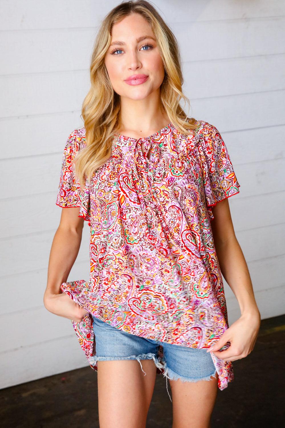 Betty Paisley Print Tie Neck Dolman Top - Atomic Wildflower