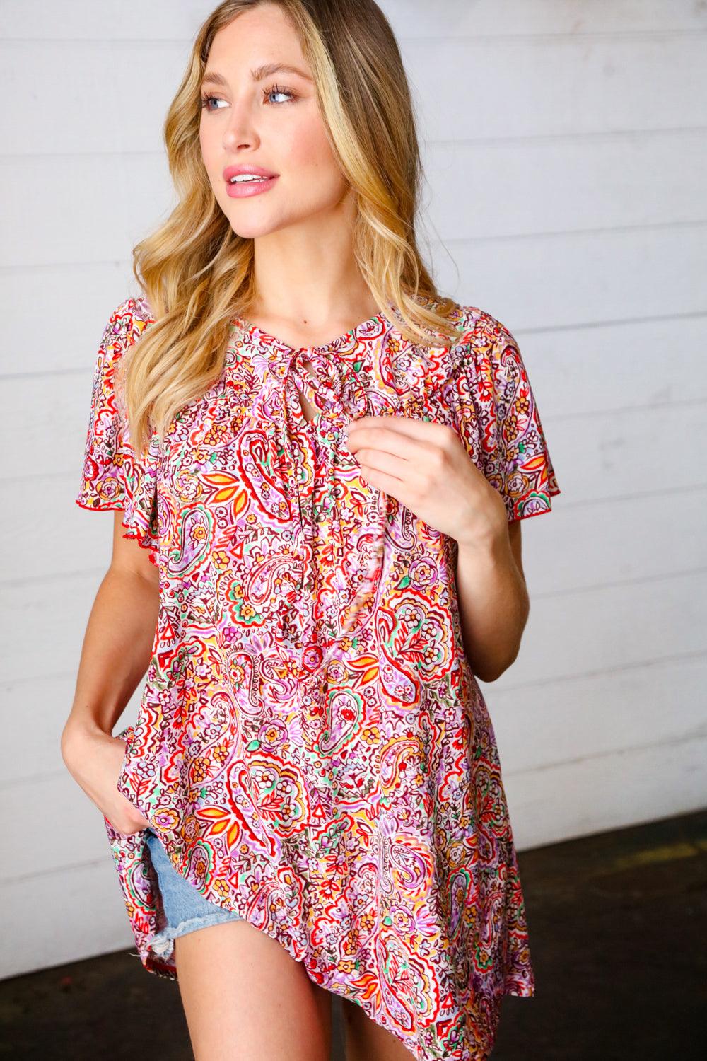 Betty Paisley Print Tie Neck Dolman Top - Atomic Wildflower