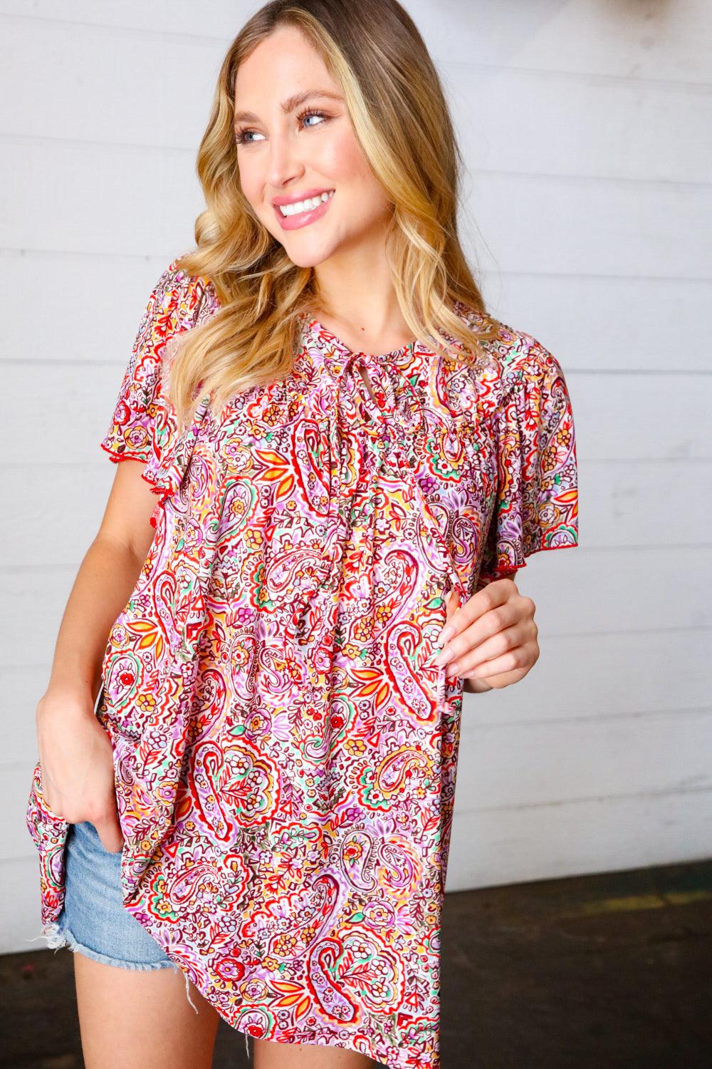 Betty Paisley Print Tie Neck Dolman Top - Atomic Wildflower