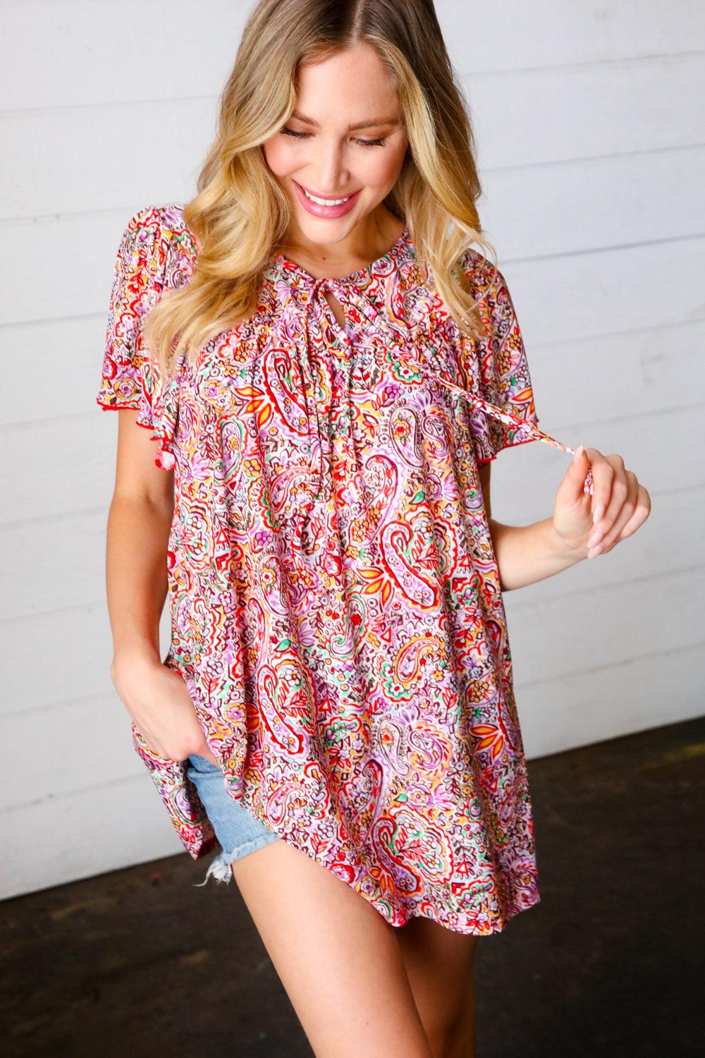Betty Paisley Print Tie Neck Dolman Top - Atomic Wildflower