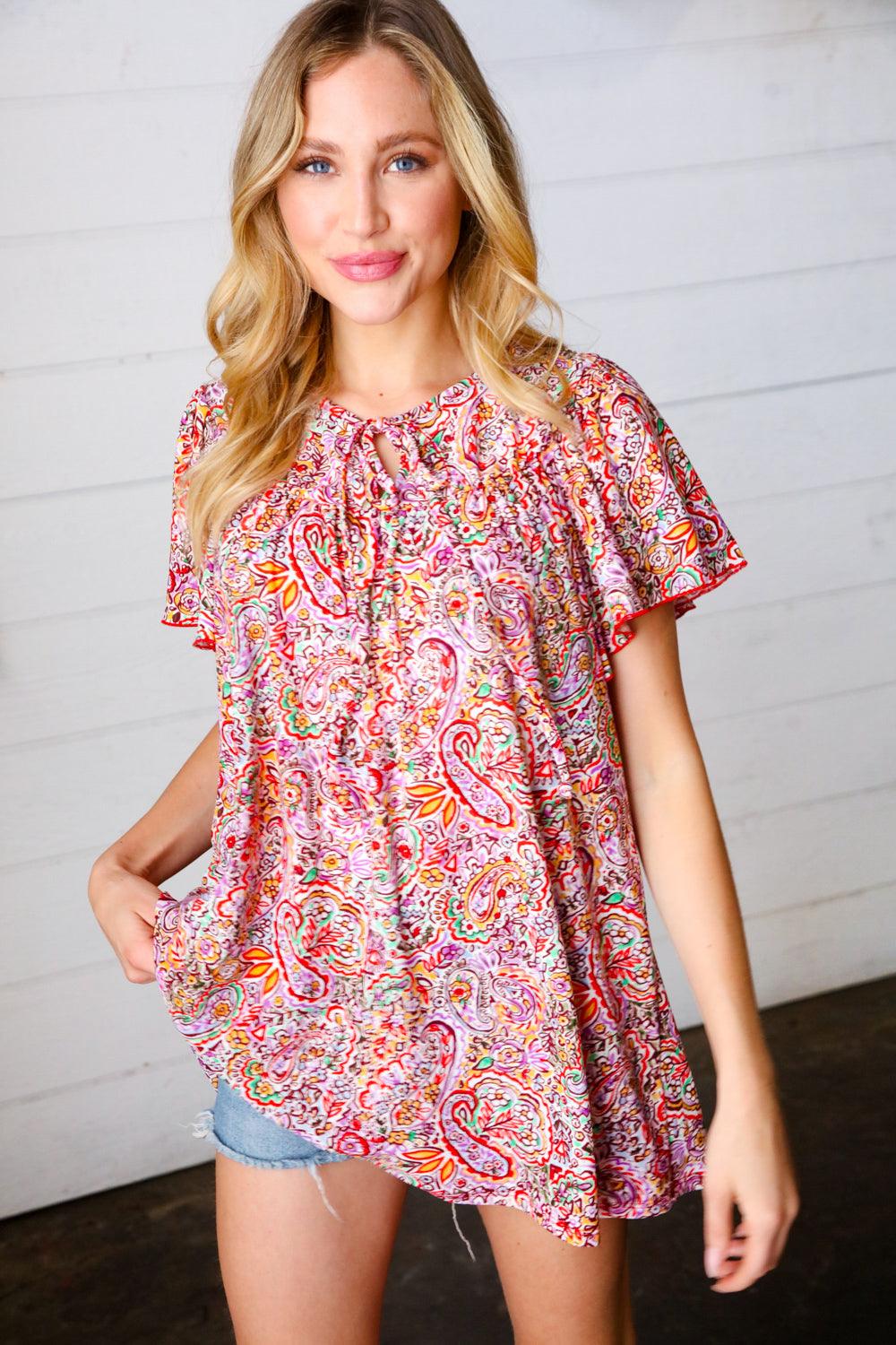 Betty Paisley Print Tie Neck Dolman Top - Atomic Wildflower