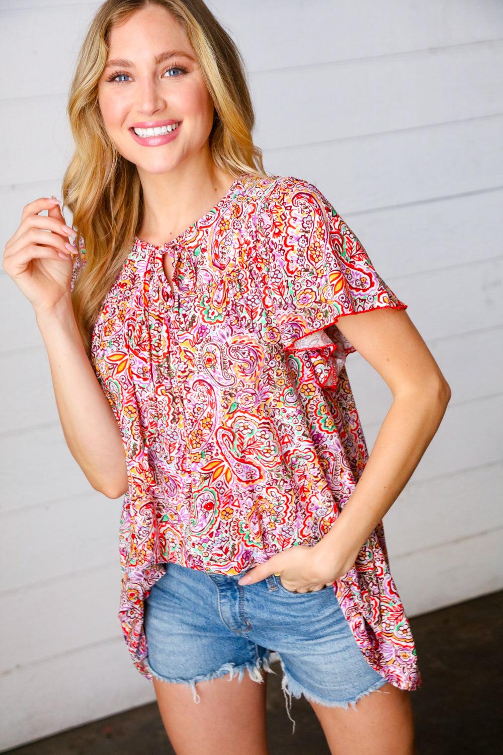 Betty Paisley Print Tie Neck Dolman Top - Atomic Wildflower