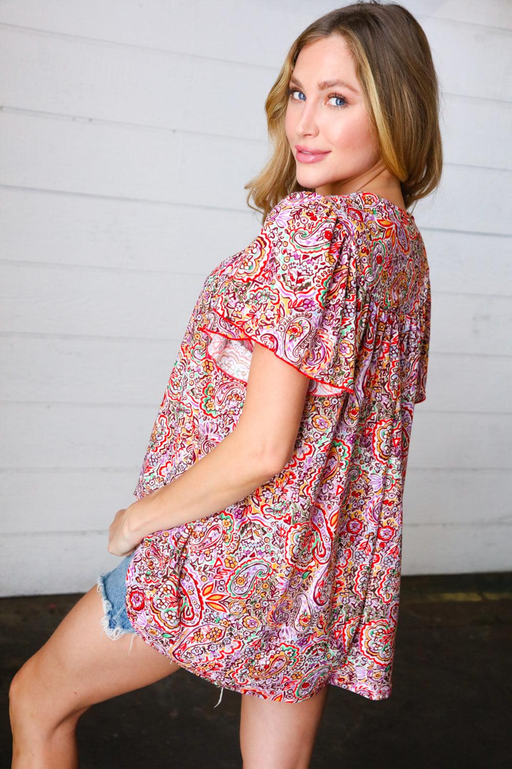 Betty Paisley Print Tie Neck Dolman Top - Atomic Wildflower