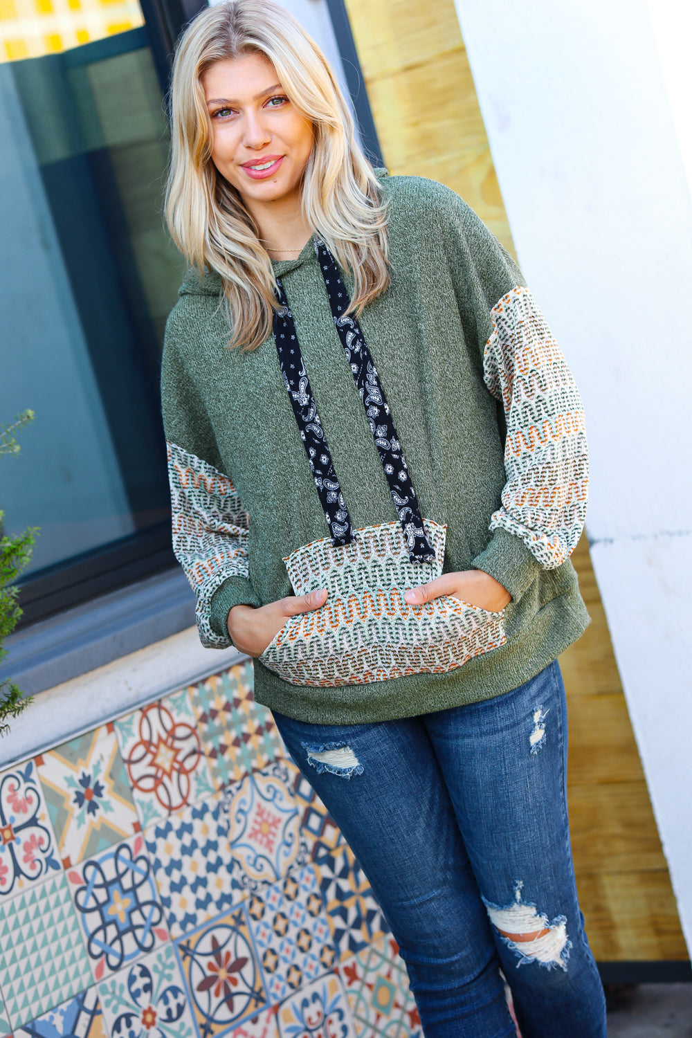 Slouchy Hacci Corded Vintage Chevron Hoodie