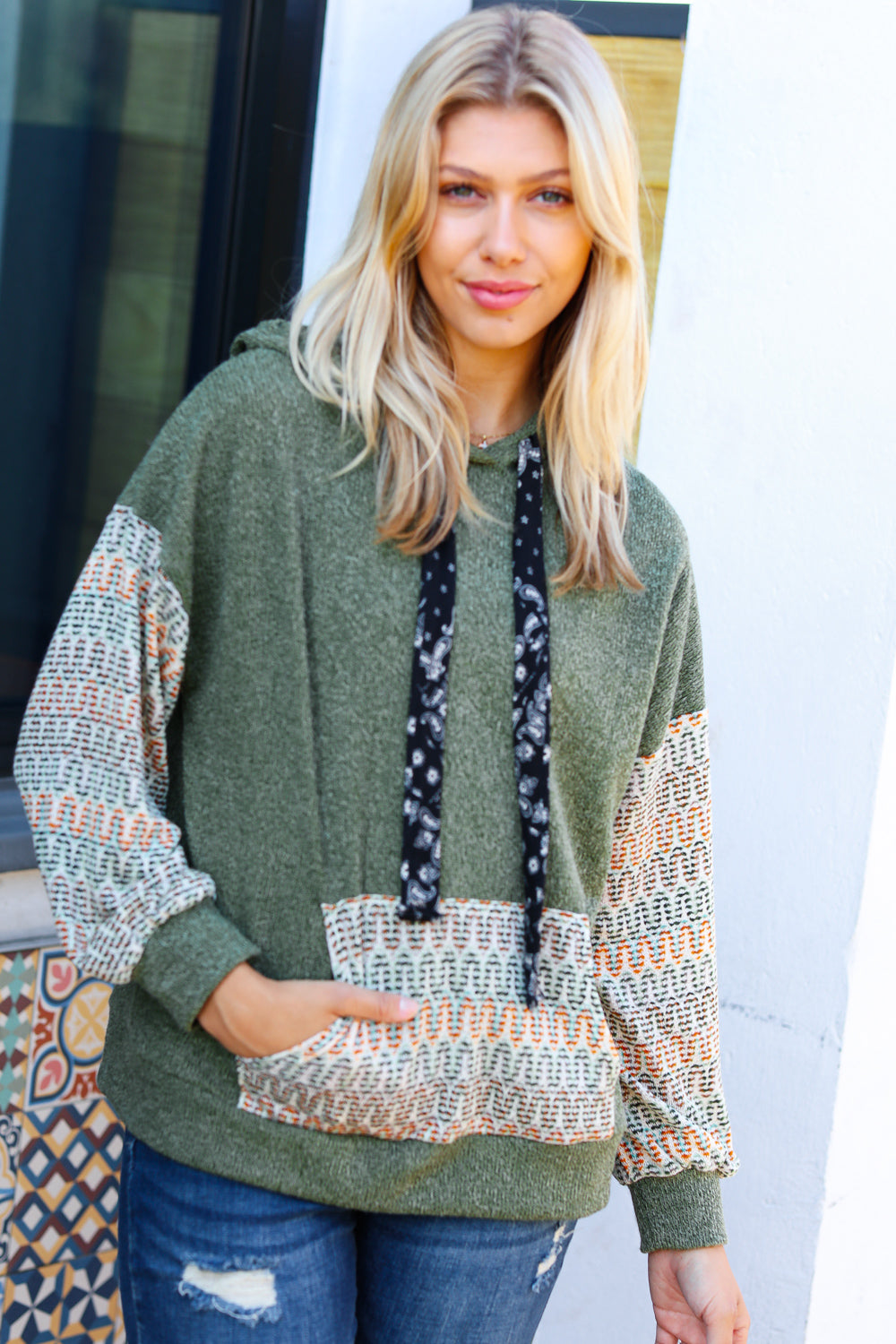 Slouchy Hacci Corded Vintage Chevron Hoodie