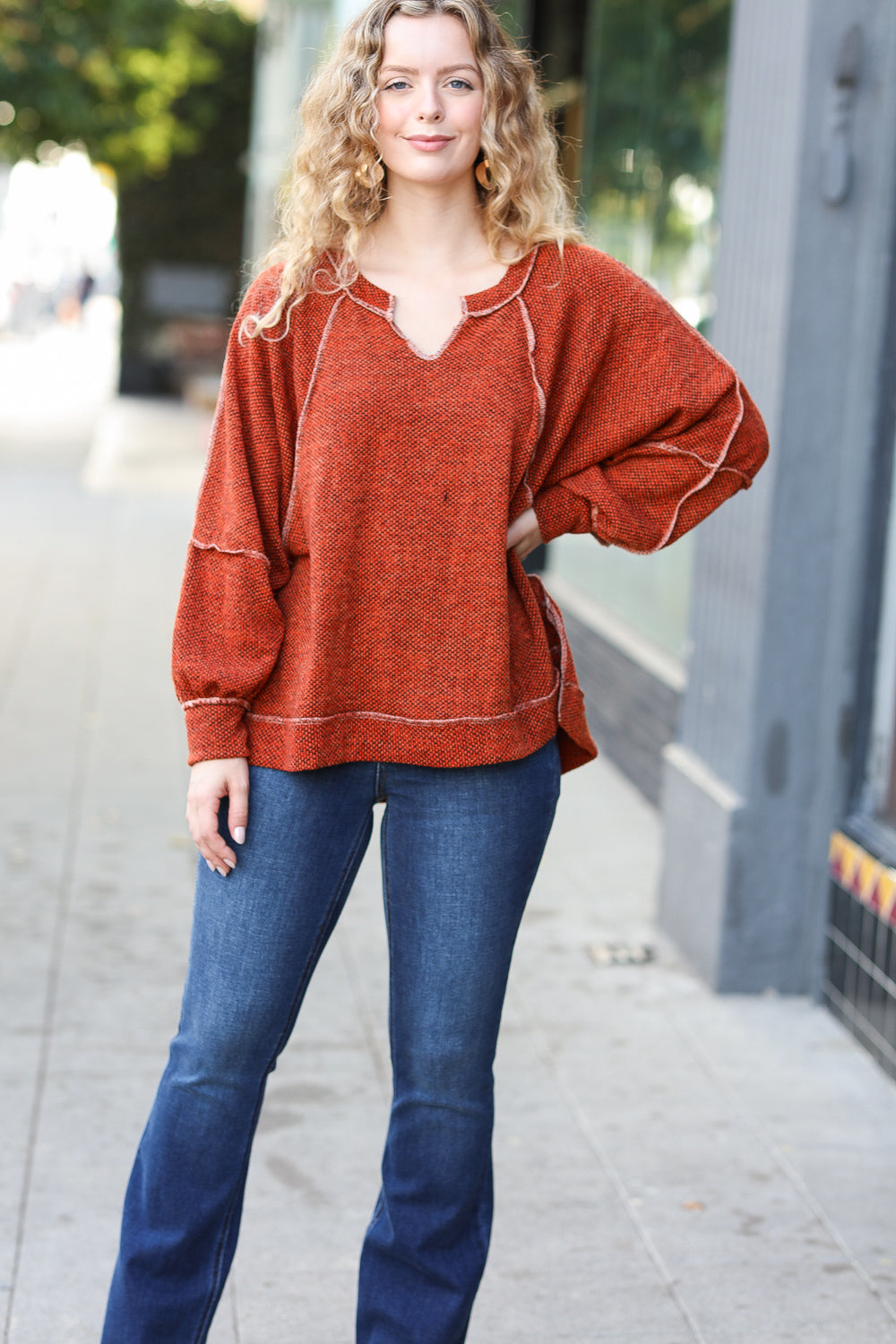 The Slouchy Two Tone Knit Notched Raglan Top • Rust