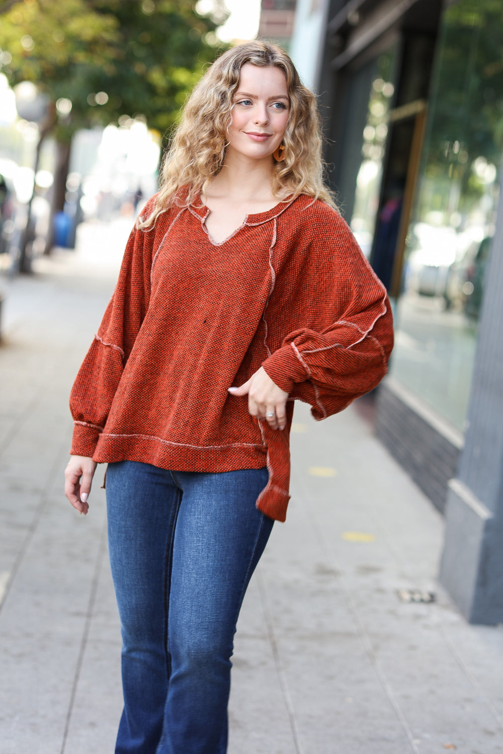 The Slouchy Two Tone Knit Notched Raglan Top • Rust